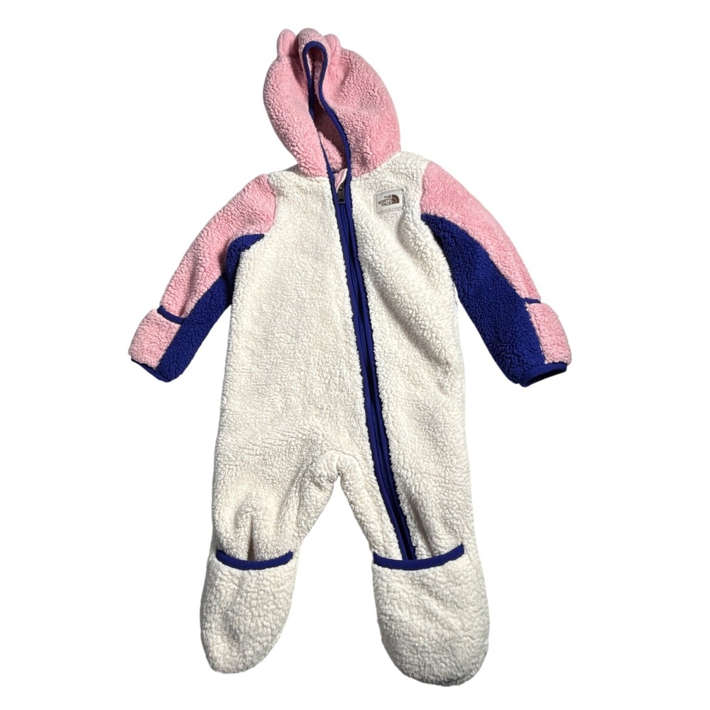 The North Face Fleece Bunting Baby 3-6M Pink White Excellent Sherpa Bear Ears